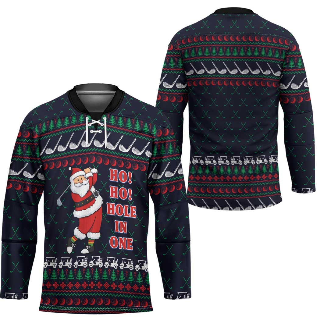 Santa Hole in One Christmas Hockey Jersey with Golf Clubs and Festive Pattern - Wonder Print Shop