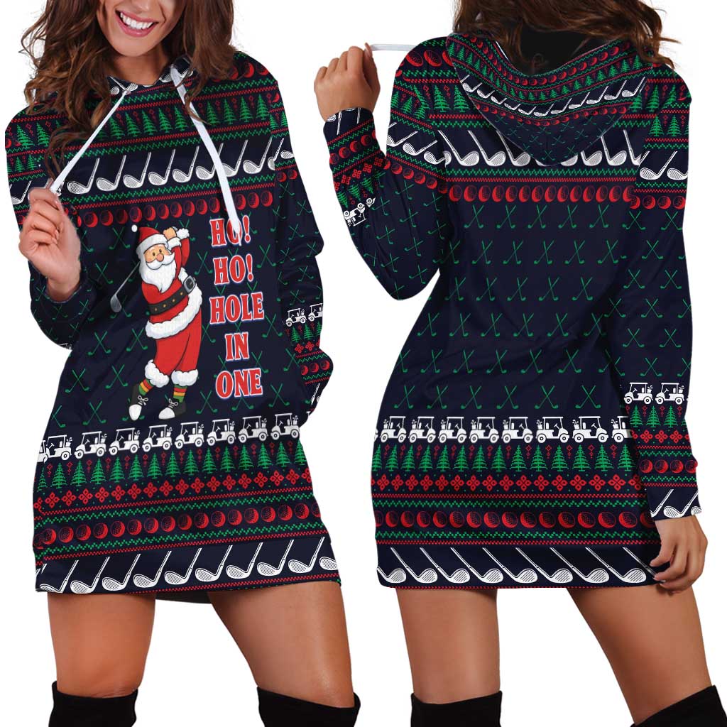 Santa Hole in One Christmas Hoodie Dress with Golf Clubs and Festive Pattern - Wonder Print Shop