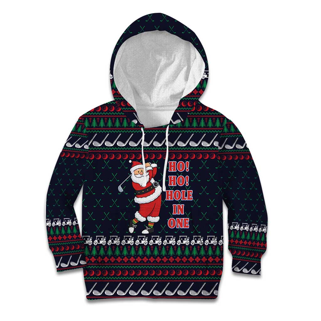Santa Hole in One Christmas Kid Hoodie with Golf Clubs and Festive Pattern - Wonder Print Shop