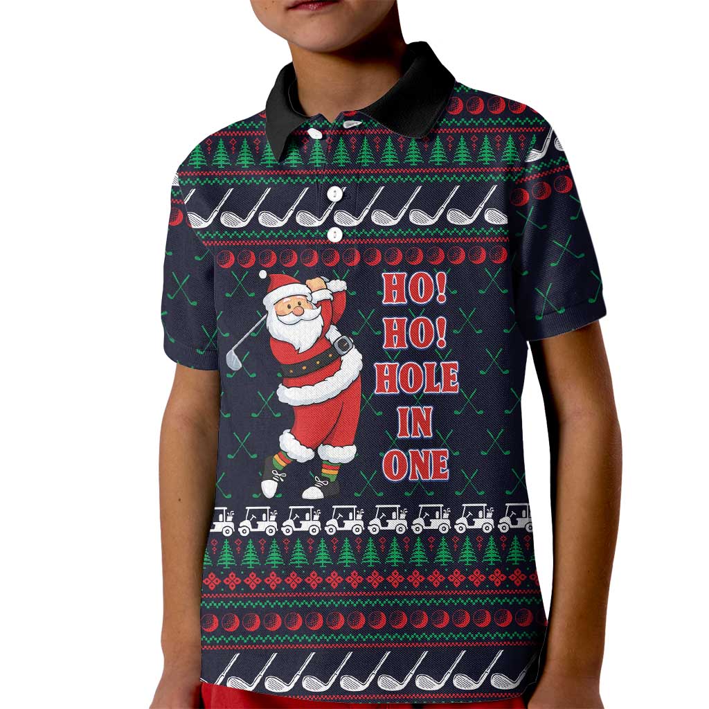 Santa Hole in One Christmas Kid Polo Shirt with Golf Clubs and Festive Pattern - Wonder Print Shop