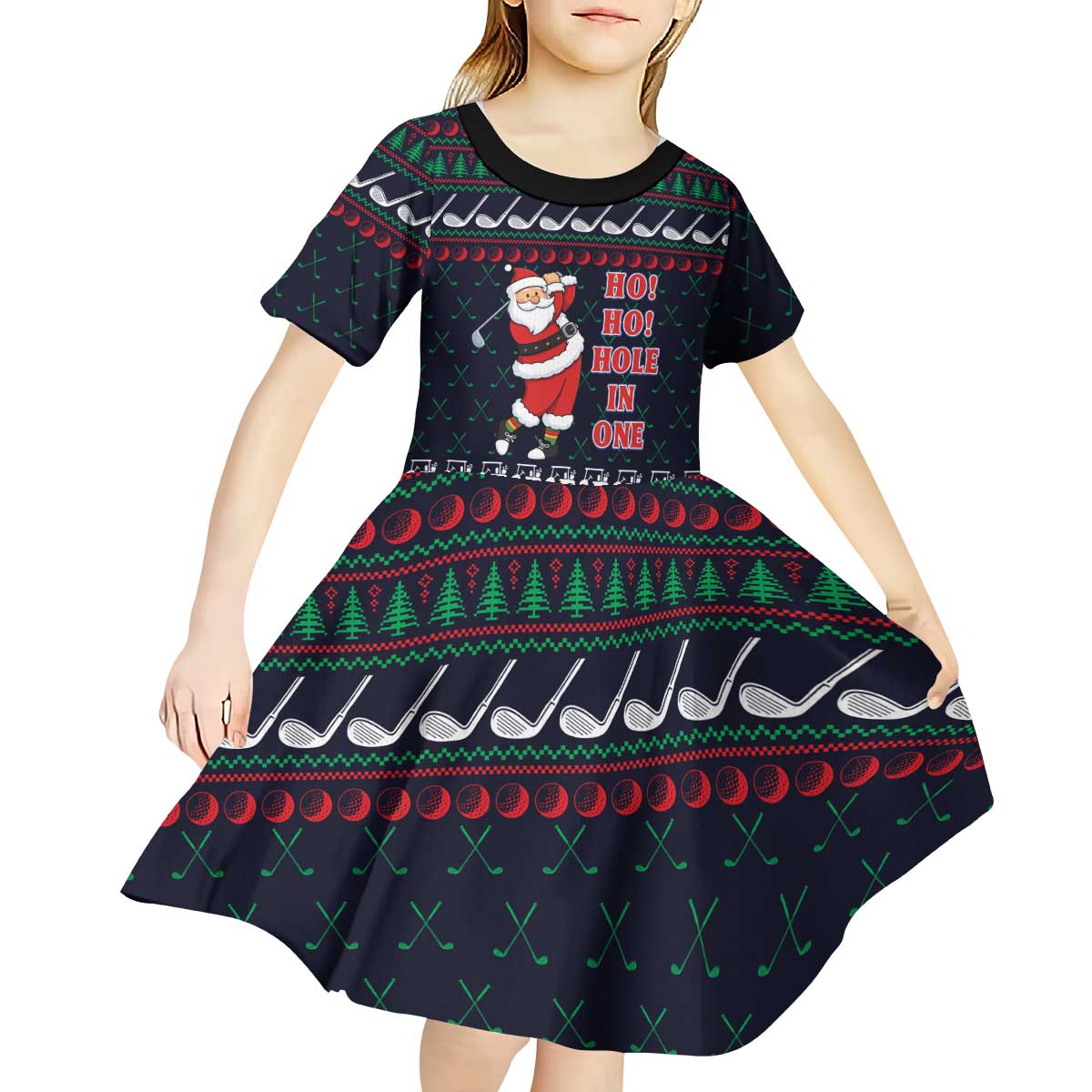 Santa Hole in One Christmas Kid Short Sleeve Dress with Golf Clubs and Festive Pattern - Wonder Print Shop