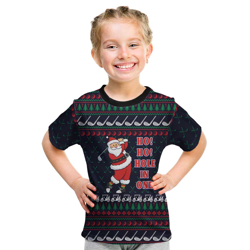 Santa Hole in One Christmas Kid T Shirt with Golf Clubs and Festive Pattern - Wonder Print Shop