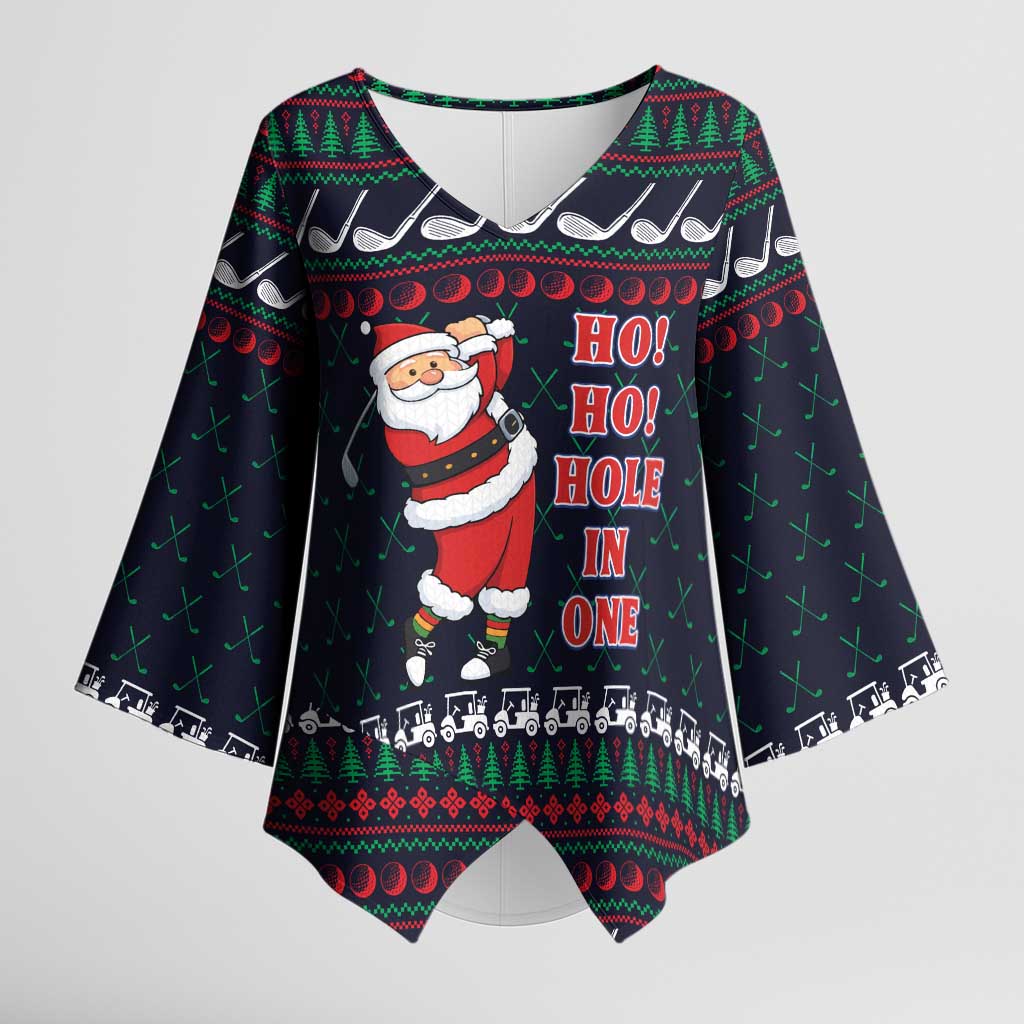 Santa Hole in One Christmas Kimono Sleeve Blouse with Golf Clubs and Festive Pattern - Wonder Print Shop