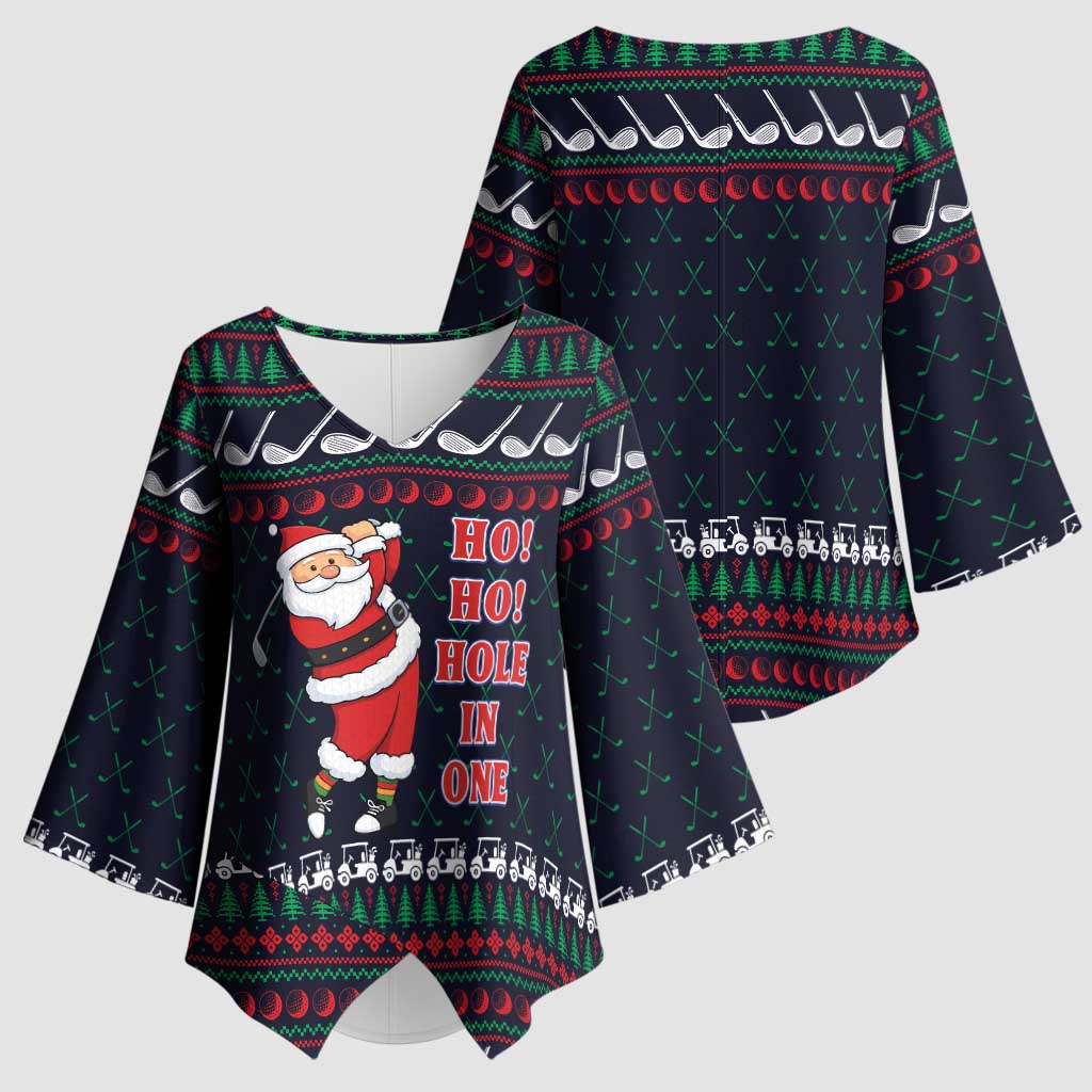 Santa Hole in One Christmas Kimono Sleeve Blouse with Golf Clubs and Festive Pattern - Wonder Print Shop