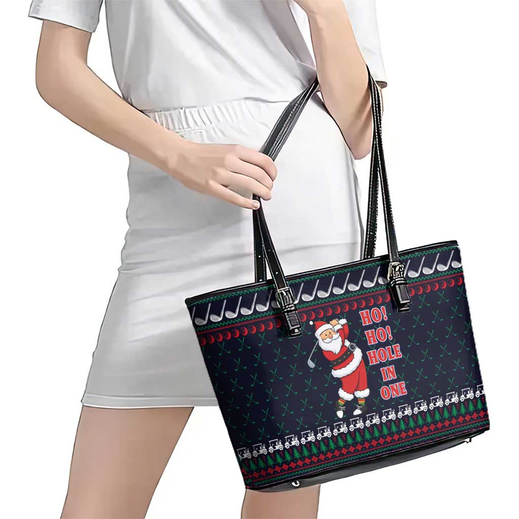 Santa Hole in One Christmas Leather Tote Bag with Golf Clubs and Festive Pattern - Wonder Print Shop