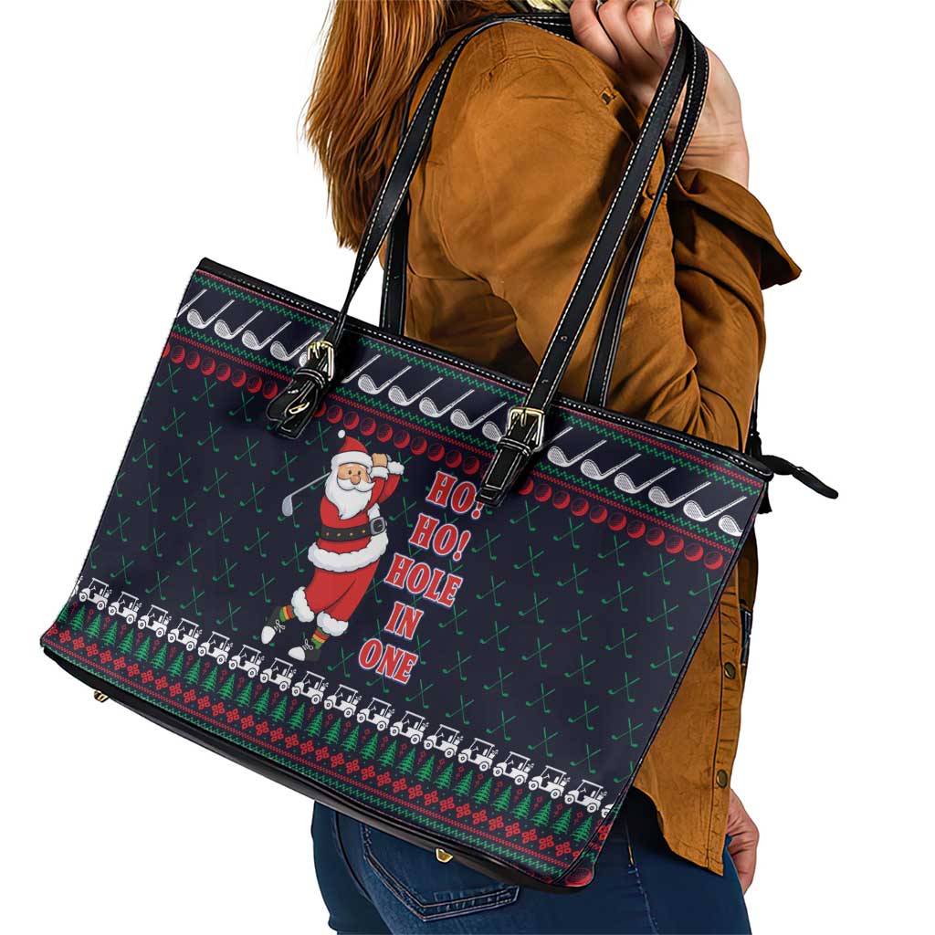 Santa Hole in One Christmas Leather Tote Bag with Golf Clubs and Festive Pattern - Wonder Print Shop