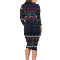 Santa Hole in One Christmas Long Sleeve Bodycon Dress with Golf Clubs and Festive Pattern - Wonder Print Shop