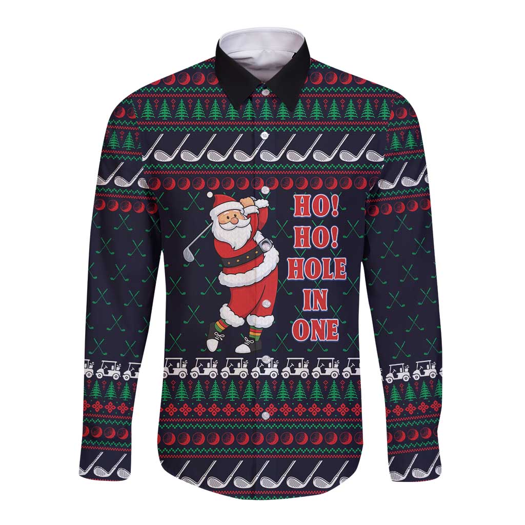 Santa Hole in One Christmas Long Sleeve Button Shirt with Golf Clubs and Festive Pattern - Wonder Print Shop
