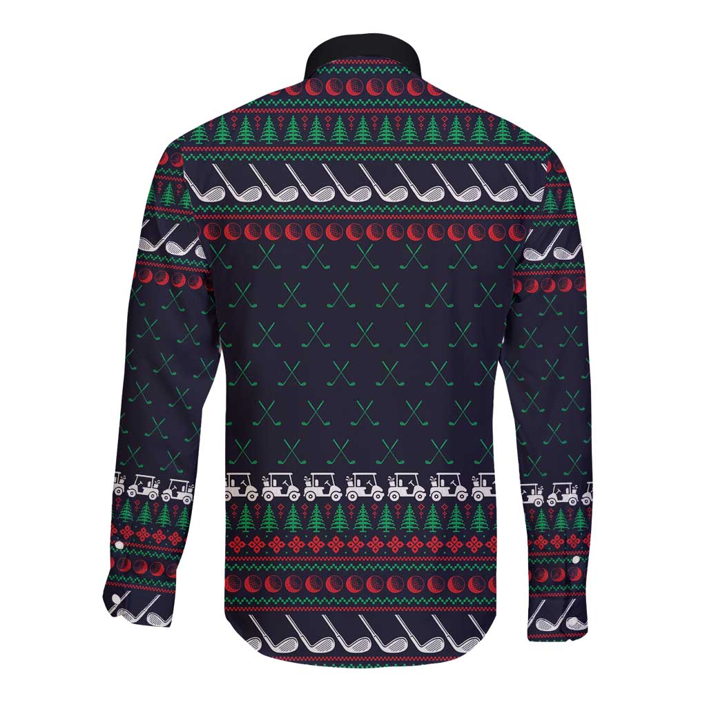 Santa Hole in One Christmas Long Sleeve Button Shirt with Golf Clubs and Festive Pattern - Wonder Print Shop