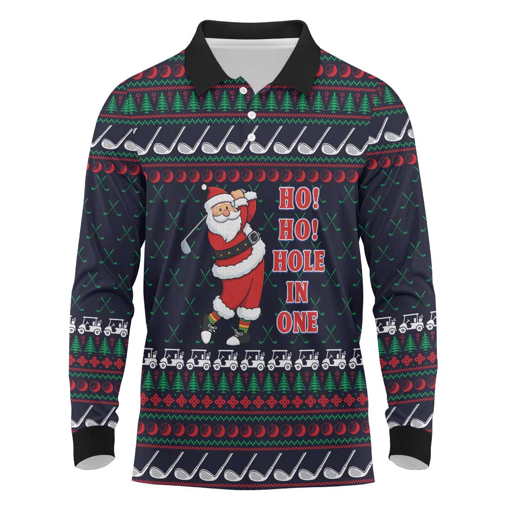 Santa Hole in One Christmas Long Sleeve Polo Shirt with Golf Clubs and Festive Pattern - Wonder Print Shop