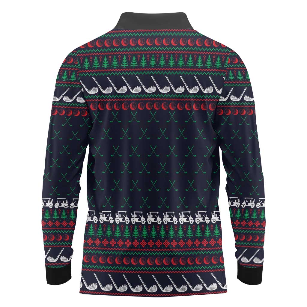 Santa Hole in One Christmas Long Sleeve Polo Shirt with Golf Clubs and Festive Pattern - Wonder Print Shop