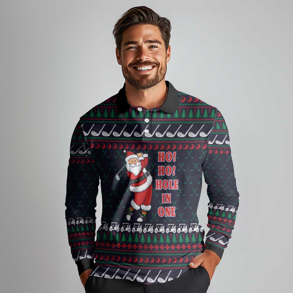 Santa Hole in One Christmas Long Sleeve Polo Shirt with Golf Clubs and Festive Pattern - Wonder Print Shop