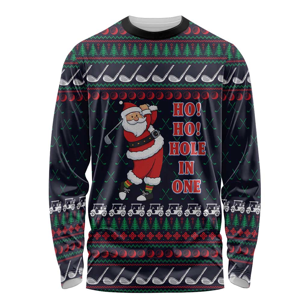 Santa Hole in One Christmas Long Sleeve Shirt with Golf Clubs and Festive Pattern - Wonder Print Shop