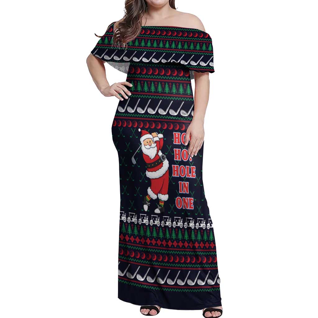 Santa Hole in One Christmas Off Shoulder Maxi Dress with Golf Clubs and Festive Pattern - Wonder Print Shop