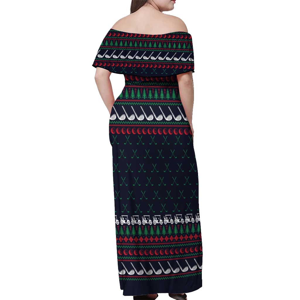 Santa Hole in One Christmas Off Shoulder Maxi Dress with Golf Clubs and Festive Pattern - Wonder Print Shop