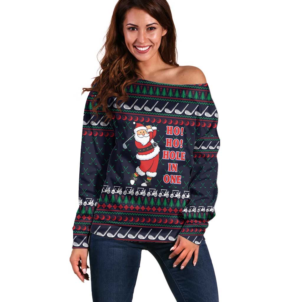Santa Hole in One Christmas Off Shoulder Sweater with Golf Clubs and Festive Pattern - Wonder Print Shop