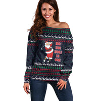Santa Hole in One Christmas Off Shoulder Sweater with Golf Clubs and Festive Pattern - Wonder Print Shop