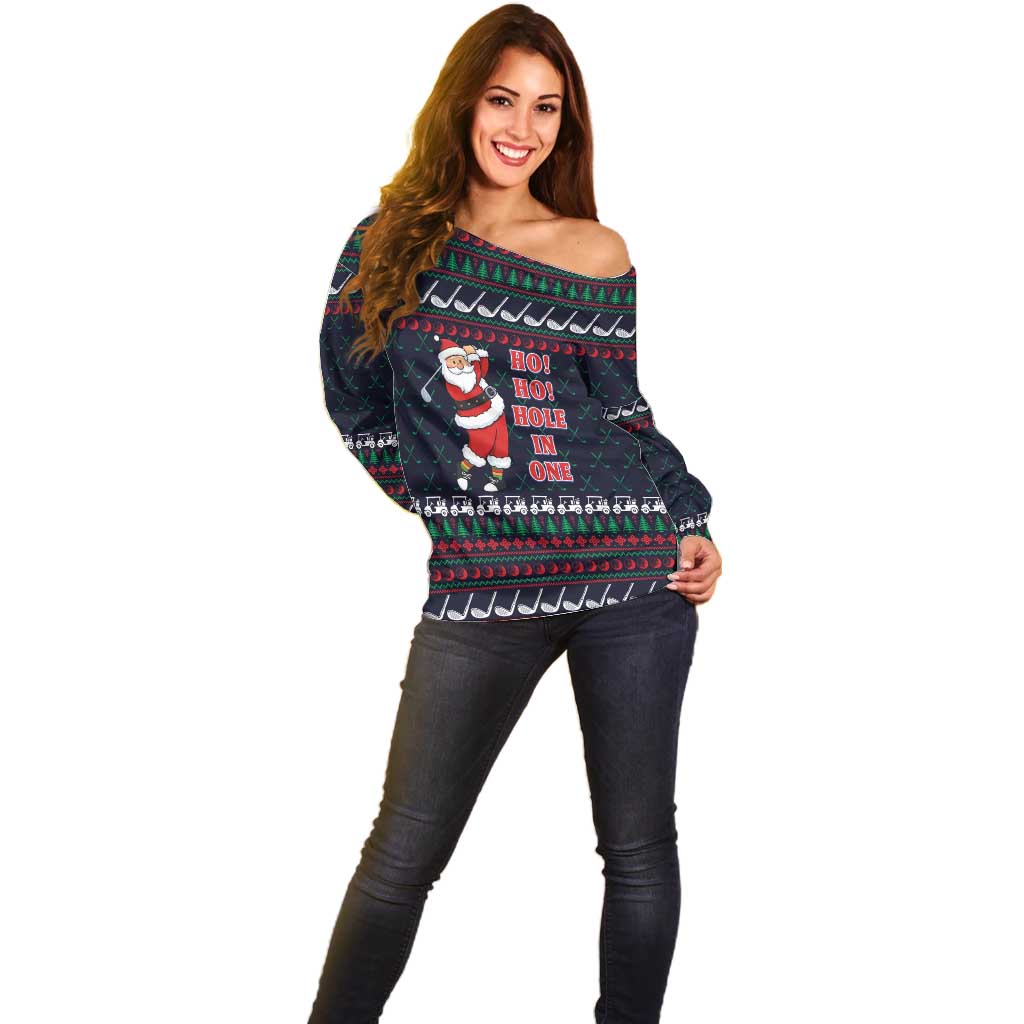 Santa Hole in One Christmas Off Shoulder Sweater with Golf Clubs and Festive Pattern - Wonder Print Shop