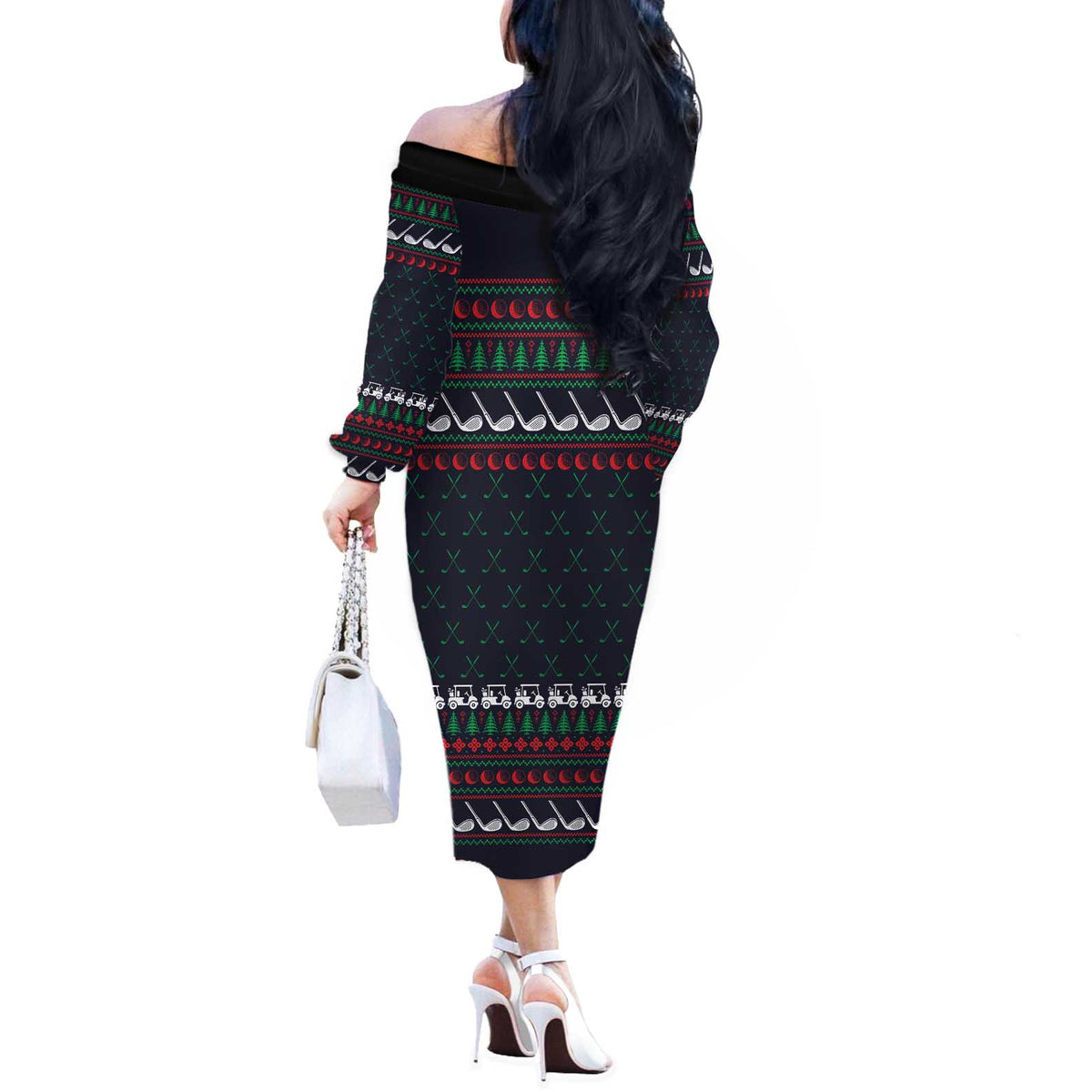 Santa Hole in One Christmas Off The Shoulder Long Sleeve Dress with Golf Clubs and Festive Pattern - Wonder Print Shop