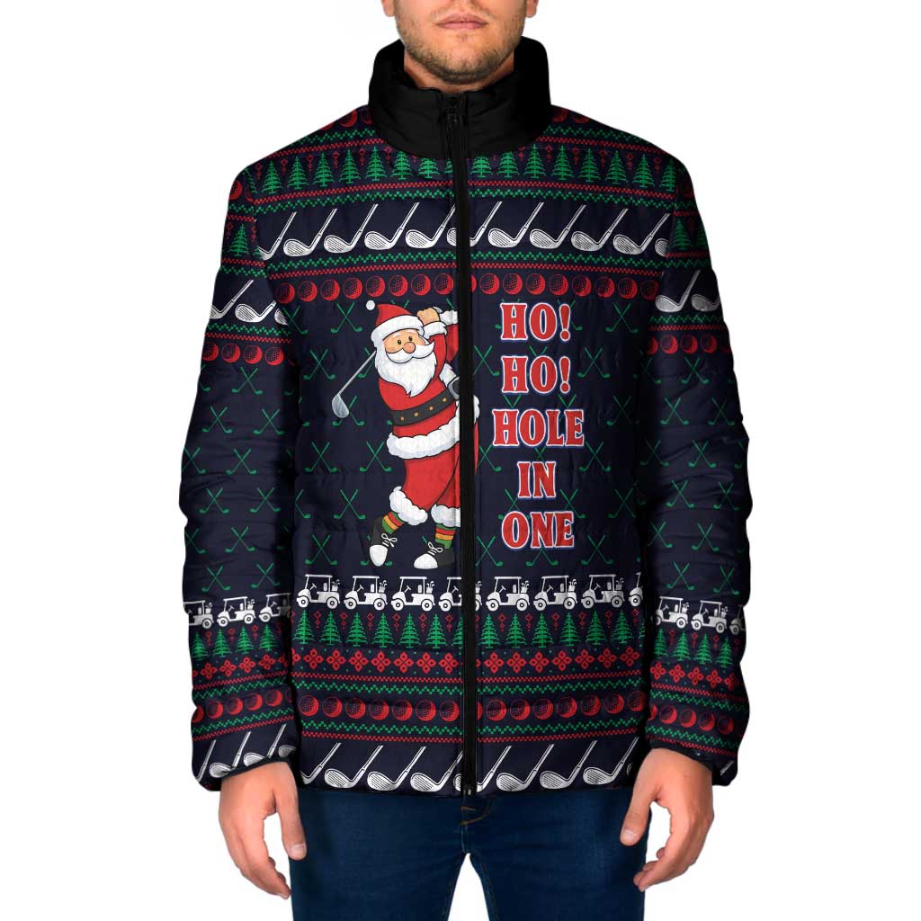 Santa Hole in One Christmas Padded Jacket with Golf Clubs and Festive Pattern - Wonder Print Shop