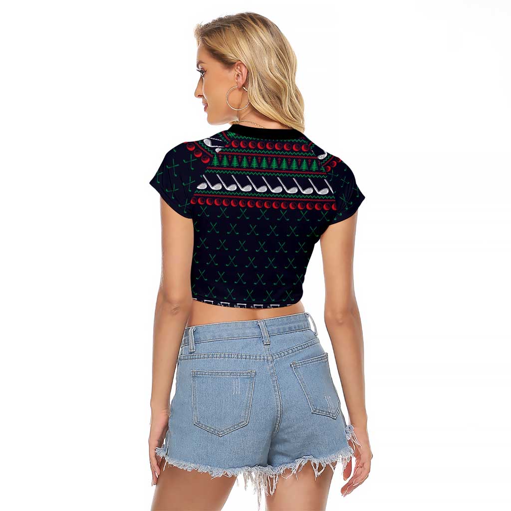 Santa Hole in One Christmas Raglan Cropped T Shirt with Golf Clubs and Festive Pattern - Wonder Print Shop
