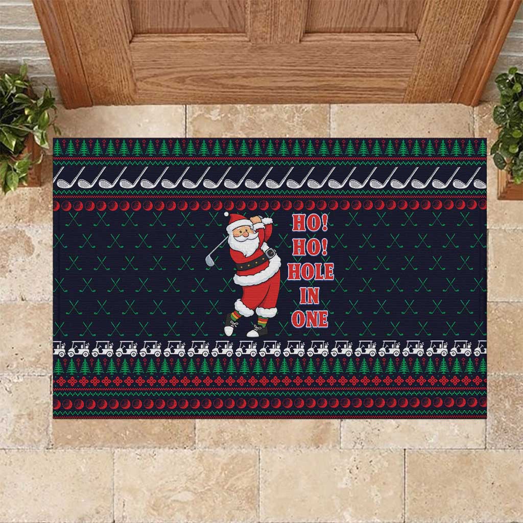 Santa Hole in One Christmas Rubber Doormat with Golf Clubs and Festive Pattern - Wonder Print Shop