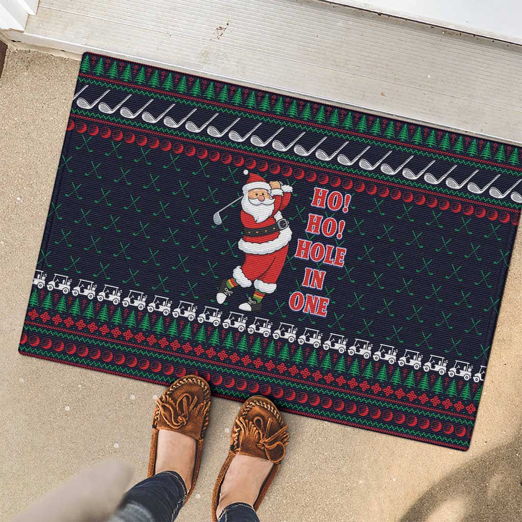 Santa Hole in One Christmas Rubber Doormat with Golf Clubs and Festive Pattern - Wonder Print Shop