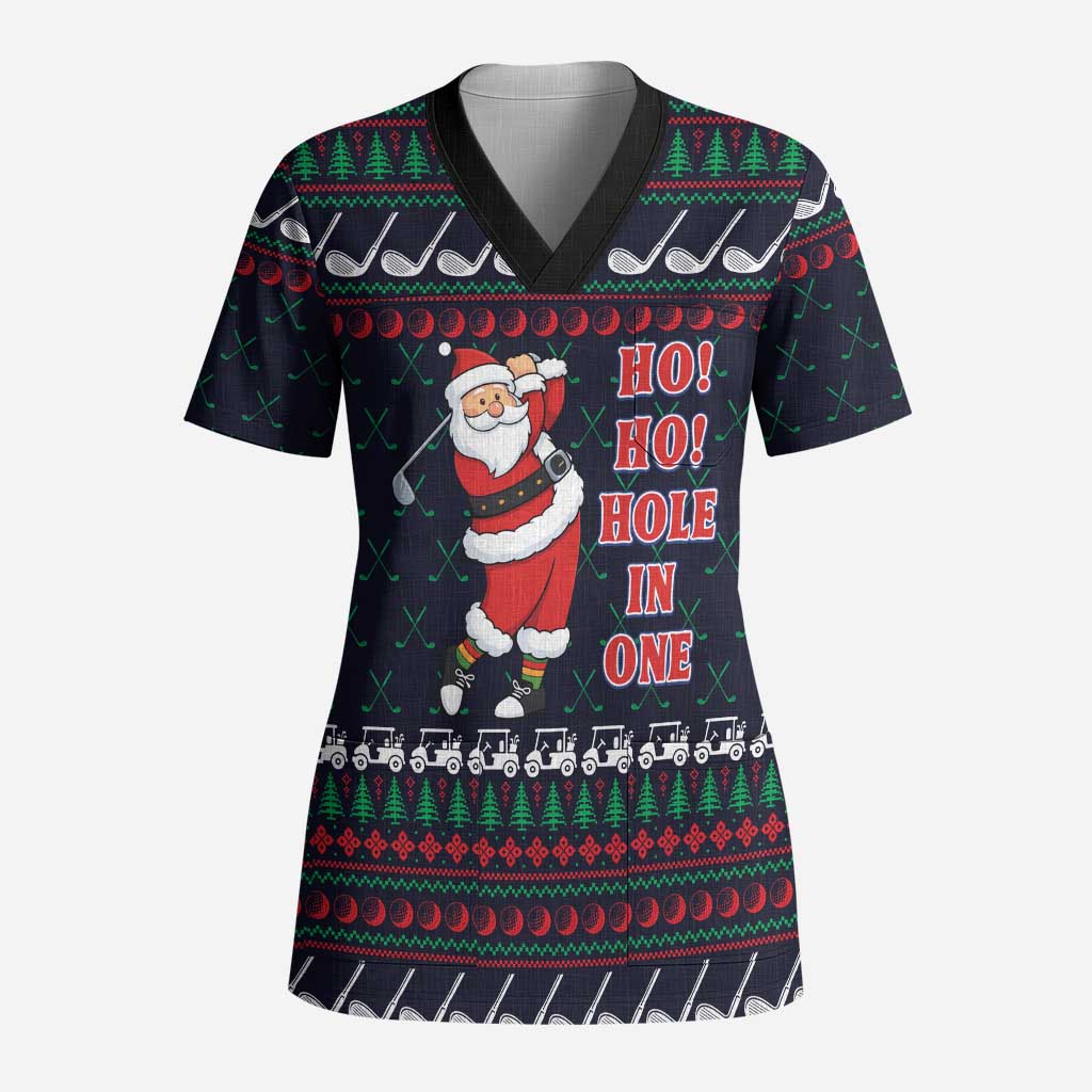 Santa Hole in One Christmas Scrub Top with Golf Clubs and Festive Pattern - Wonder Print Shop