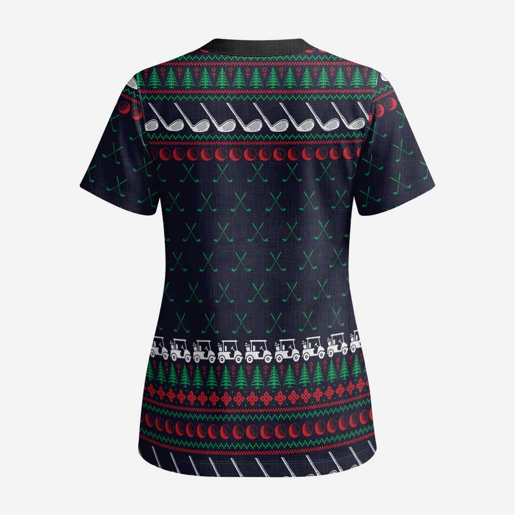 Santa Hole in One Christmas Scrub Top with Golf Clubs and Festive Pattern - Wonder Print Shop
