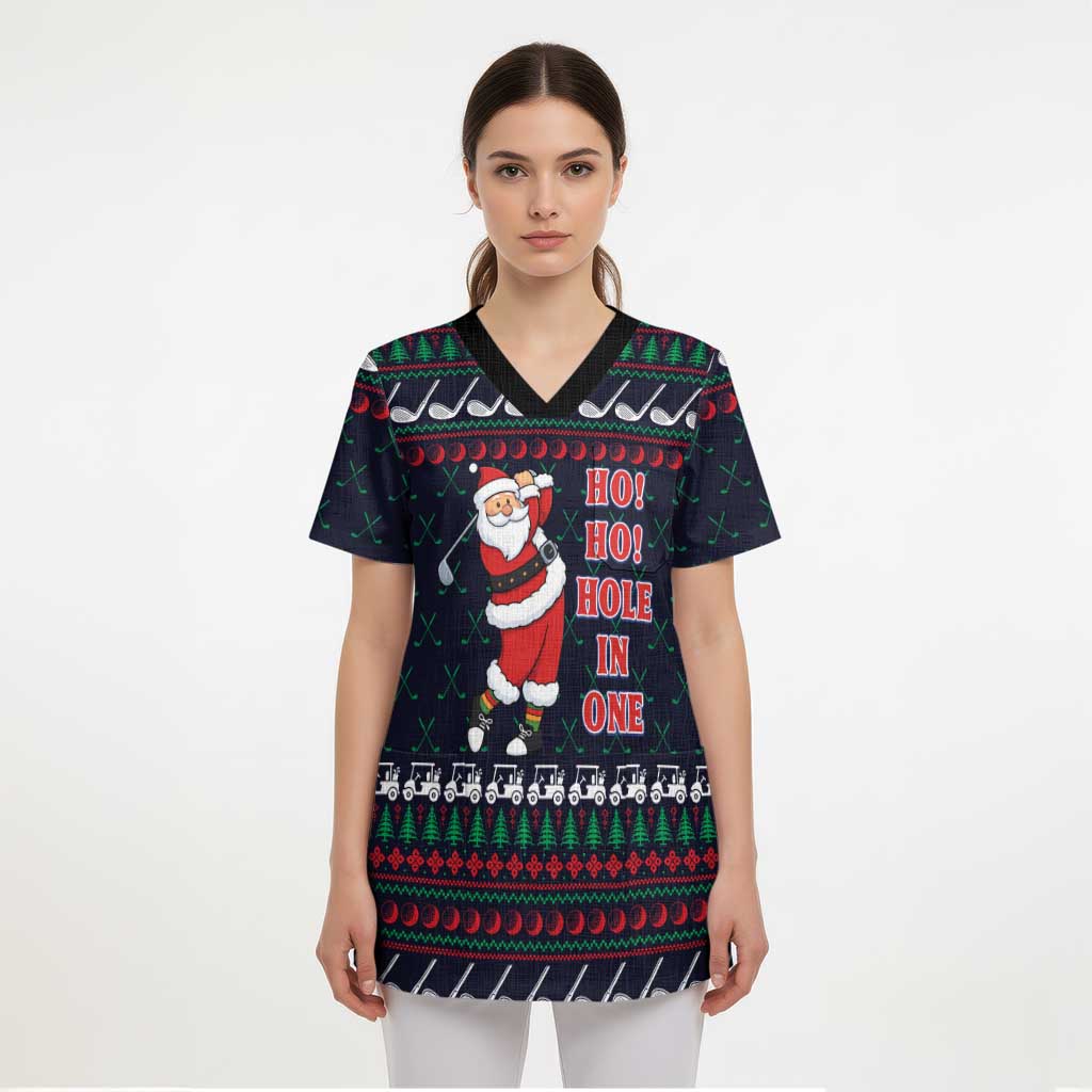 Santa Hole in One Christmas Scrub Top with Golf Clubs and Festive Pattern - Wonder Print Shop