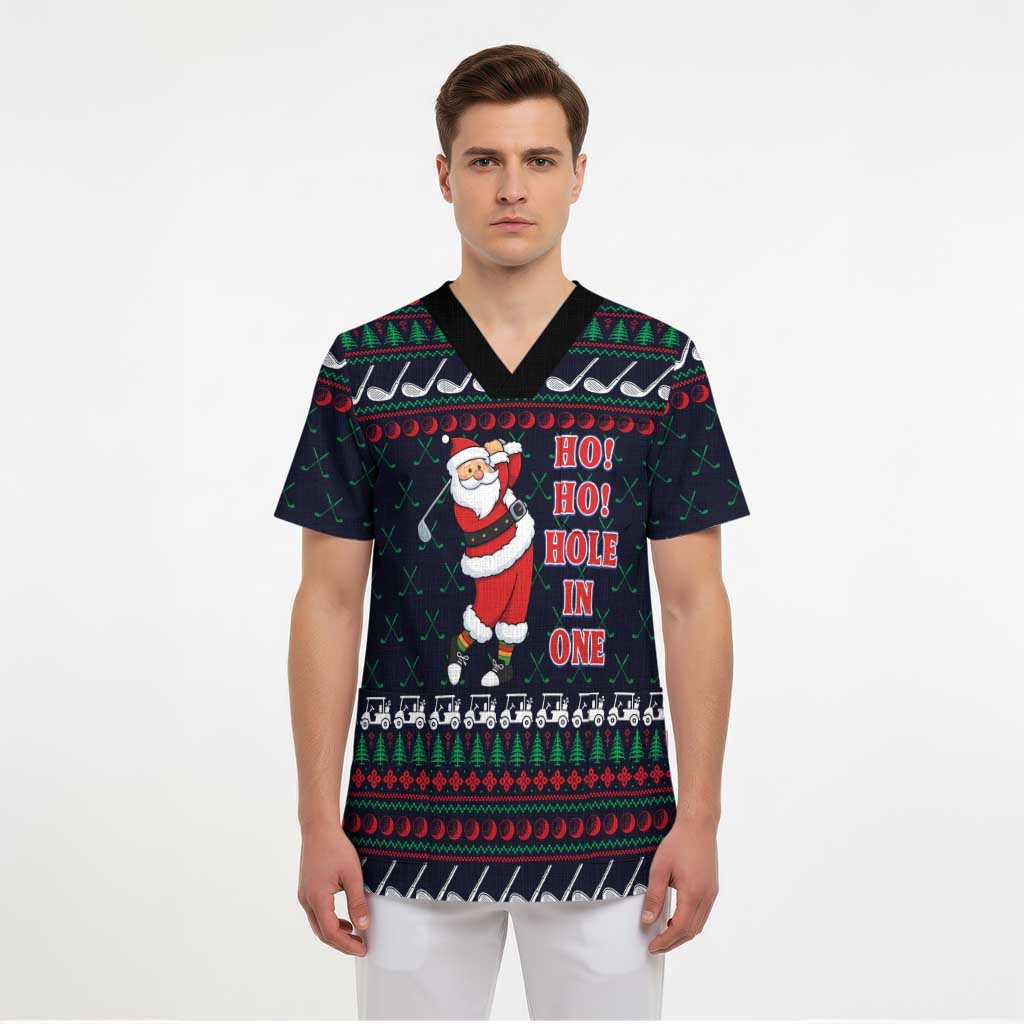 Santa Hole in One Christmas Scrub Top with Golf Clubs and Festive Pattern - Wonder Print Shop
