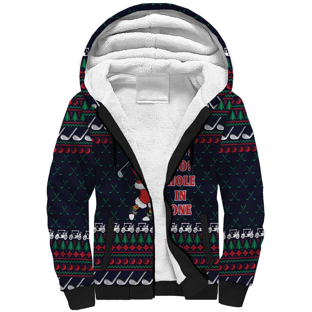 Santa Hole in One Christmas Sherpa Hoodie with Golf Clubs and Festive Pattern - Wonder Print Shop