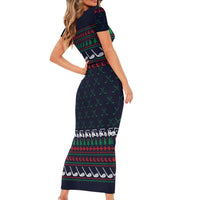 Santa Hole in One Christmas Short Sleeve Bodycon Dress with Golf Clubs and Festive Pattern - Wonder Print Shop