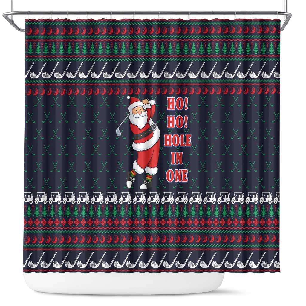 Santa Hole in One Christmas Shower Curtain with Golf Clubs and Festive Pattern - Wonder Print Shop
