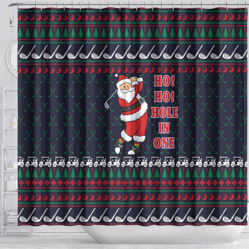 Santa Hole in One Christmas Shower Curtain with Golf Clubs and Festive Pattern - Wonder Print Shop