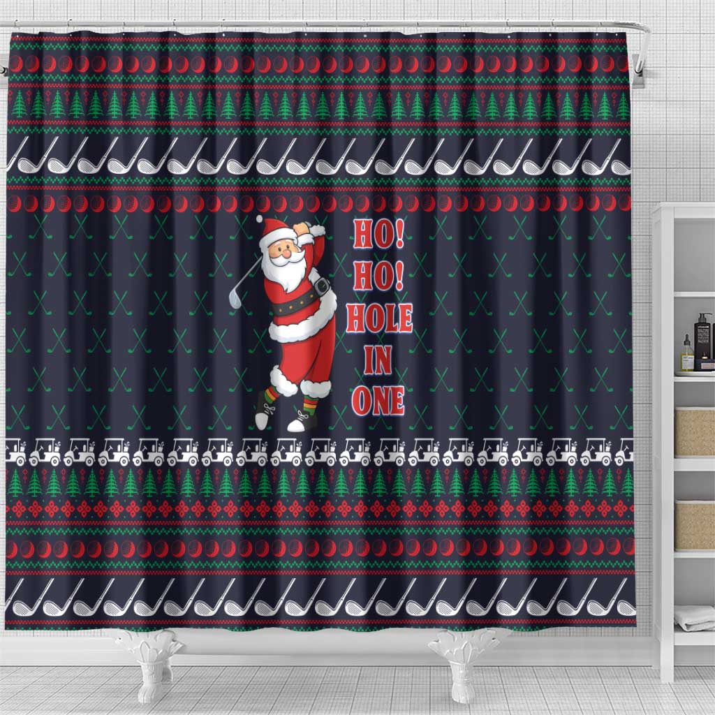 Santa Hole in One Christmas Shower Curtain with Golf Clubs and Festive Pattern - Wonder Print Shop