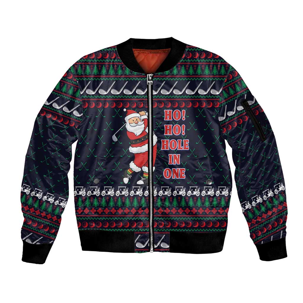 Santa Hole in One Christmas Sleeve Zip Bomber Jacket with Golf Clubs and Festive Pattern - Wonder Print Shop