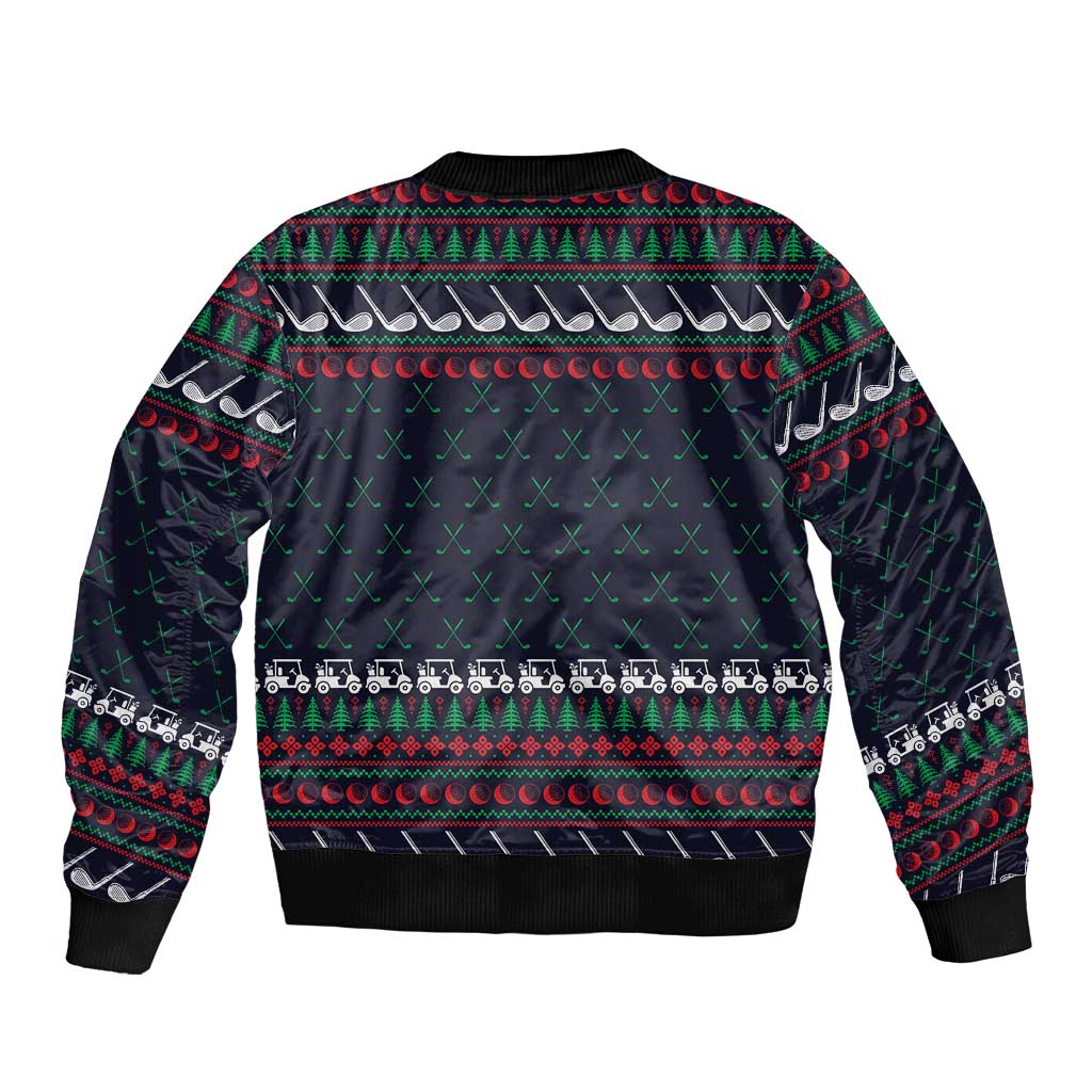 Santa Hole in One Christmas Sleeve Zip Bomber Jacket with Golf Clubs and Festive Pattern - Wonder Print Shop