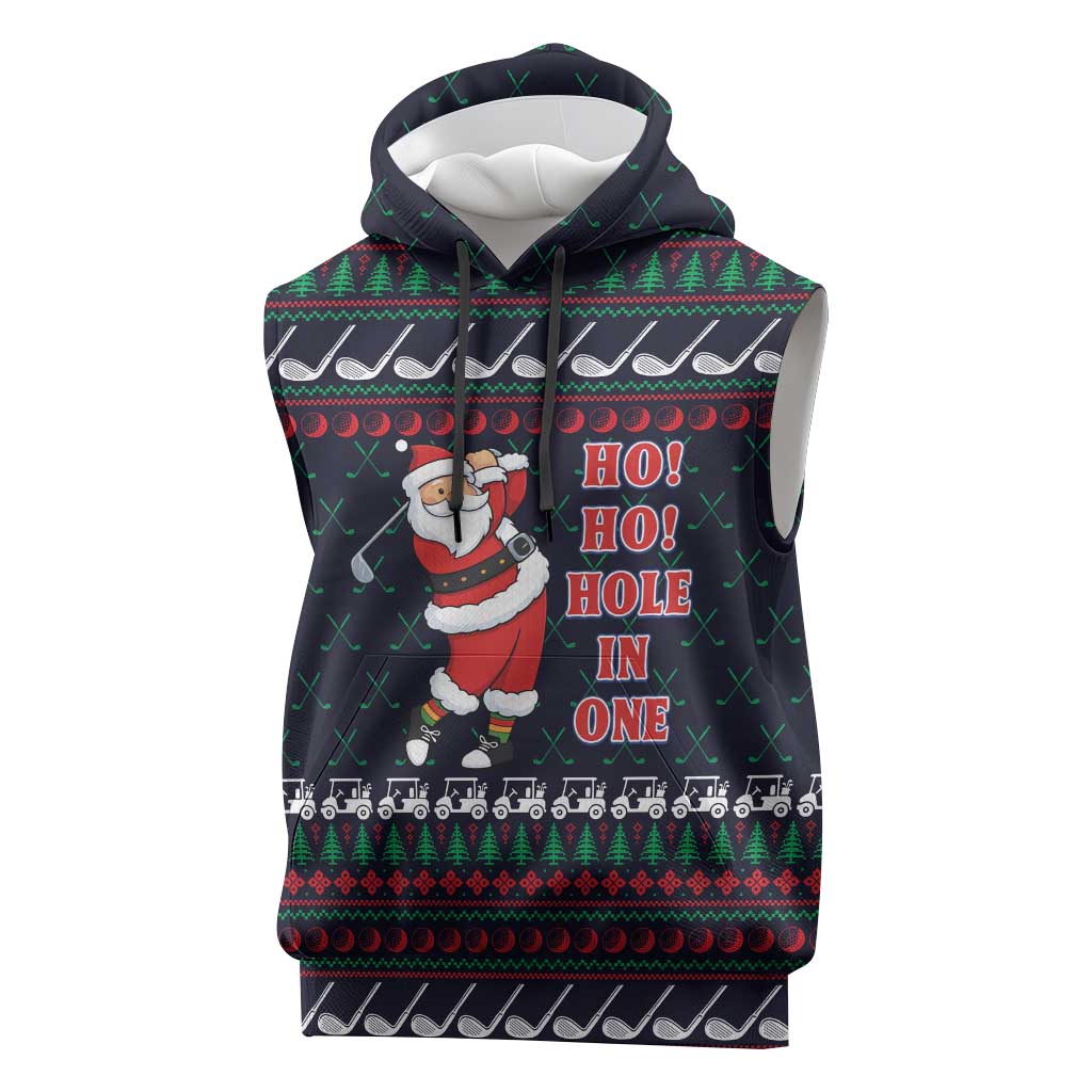 Santa Hole in One Christmas Sleeveless Hoodie with Golf Clubs and Festive Pattern - Wonder Print Shop