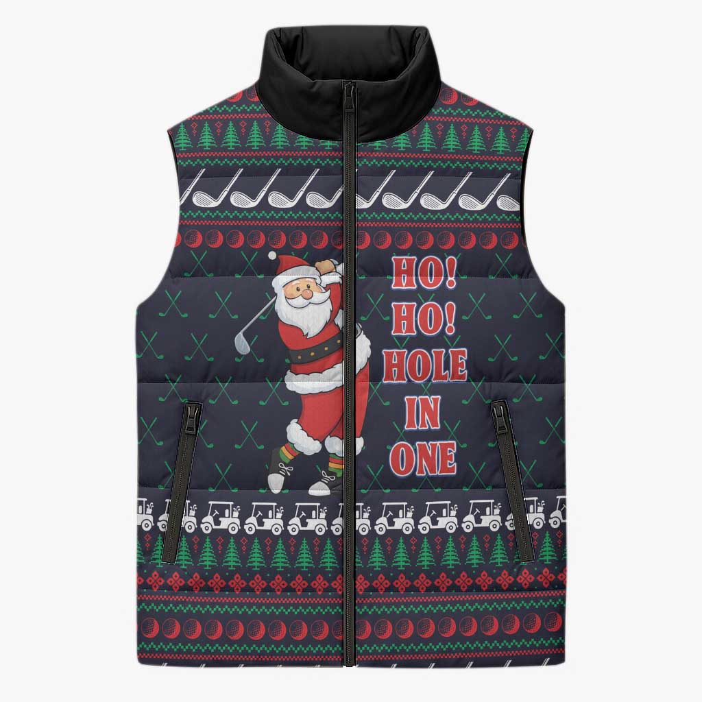 Santa Hole in One Christmas Sleeveless Puffer Jacket with Golf Clubs and Festive Pattern - Wonder Print Shop