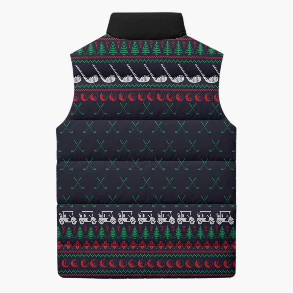 Santa Hole in One Christmas Sleeveless Puffer Jacket with Golf Clubs and Festive Pattern - Wonder Print Shop