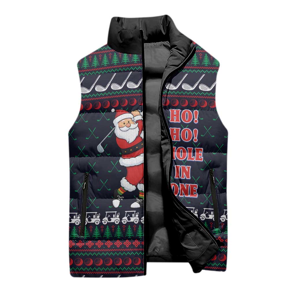 Santa Hole in One Christmas Sleeveless Puffer Jacket with Golf Clubs and Festive Pattern - Wonder Print Shop