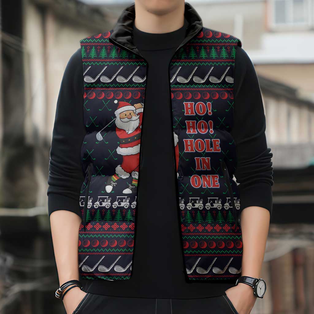 Santa Hole in One Christmas Sleeveless Puffer Jacket with Golf Clubs and Festive Pattern - Wonder Print Shop