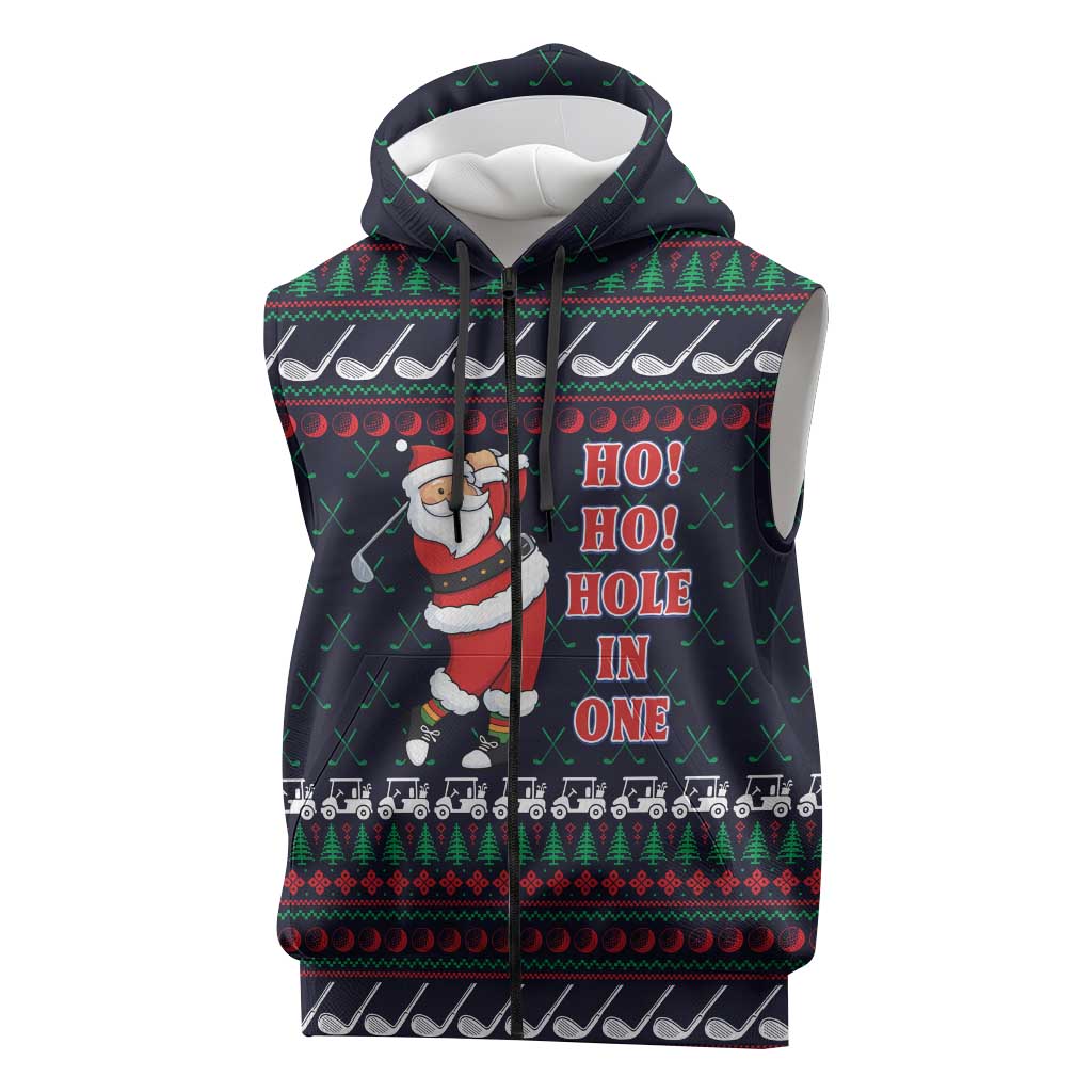 Santa Hole in One Christmas Sleeveless Zip Hoodie with Golf Clubs and Festive Pattern - Wonder Print Shop