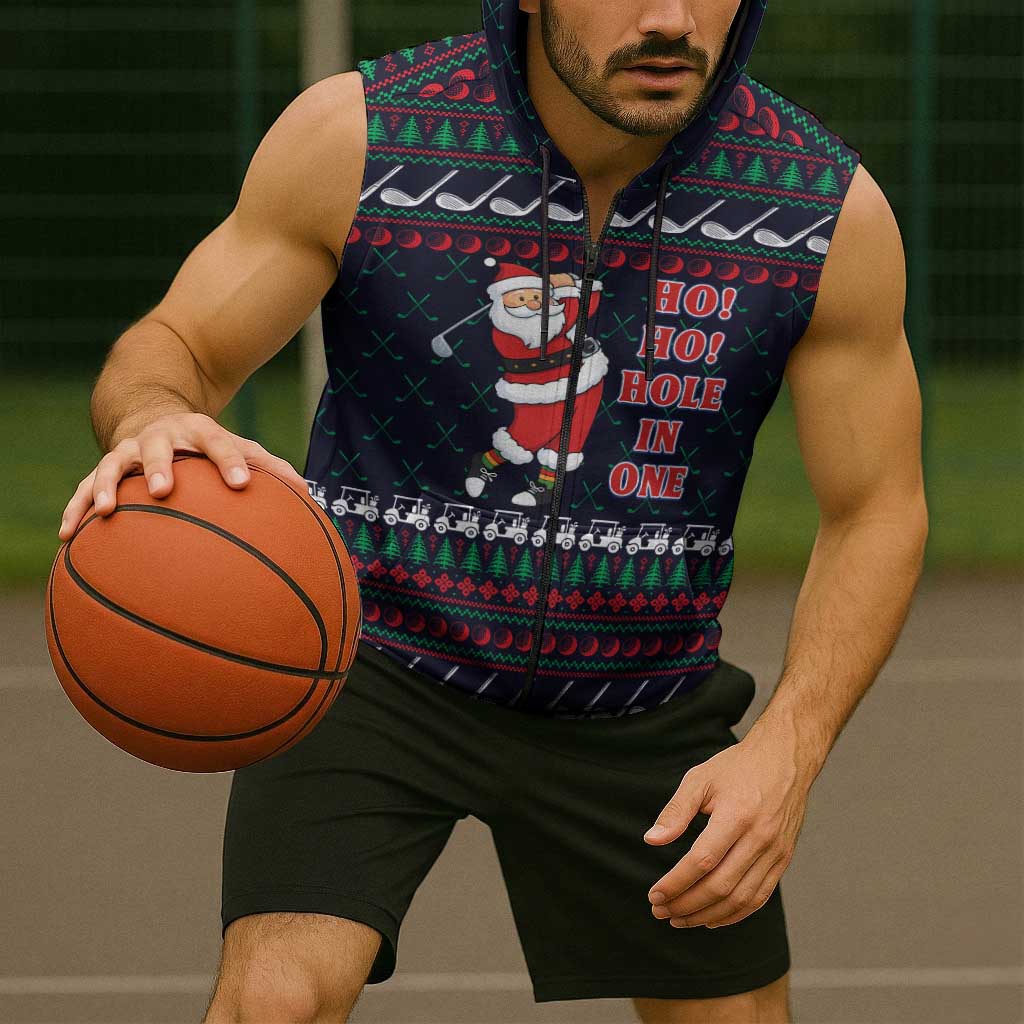 Santa Hole in One Christmas Sleeveless Zip Hoodie with Golf Clubs and Festive Pattern - Wonder Print Shop
