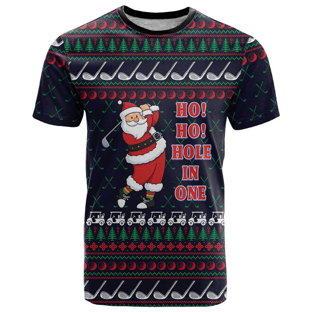 Santa Hole in One Christmas T Shirt with Golf Clubs and Festive Pattern - Wonder Print Shop