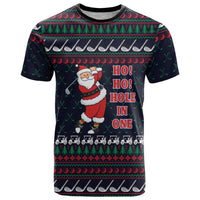 Santa Hole in One Christmas T Shirt with Golf Clubs and Festive Pattern - Wonder Print Shop