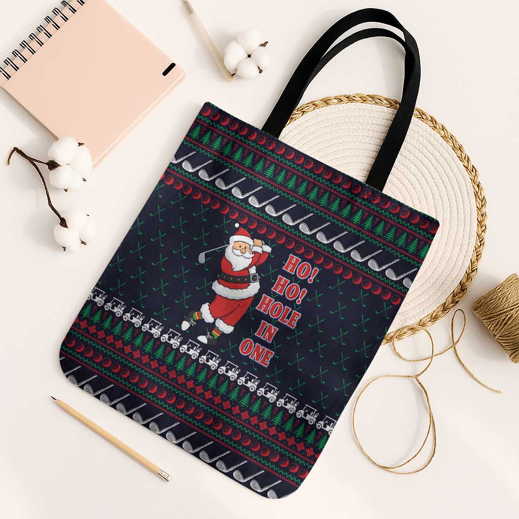Santa Hole in One Christmas Tote Bag with Golf Clubs and Festive Pattern - Wonder Print Shop