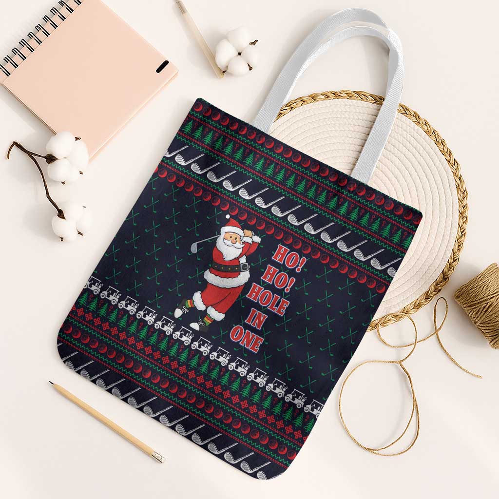 Santa Hole in One Christmas Tote Bag with Golf Clubs and Festive Pattern - Wonder Print Shop