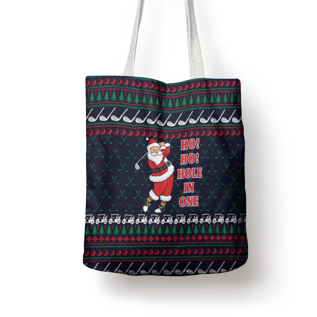 Santa Hole in One Christmas Tote Bag with Golf Clubs and Festive Pattern - Wonder Print Shop